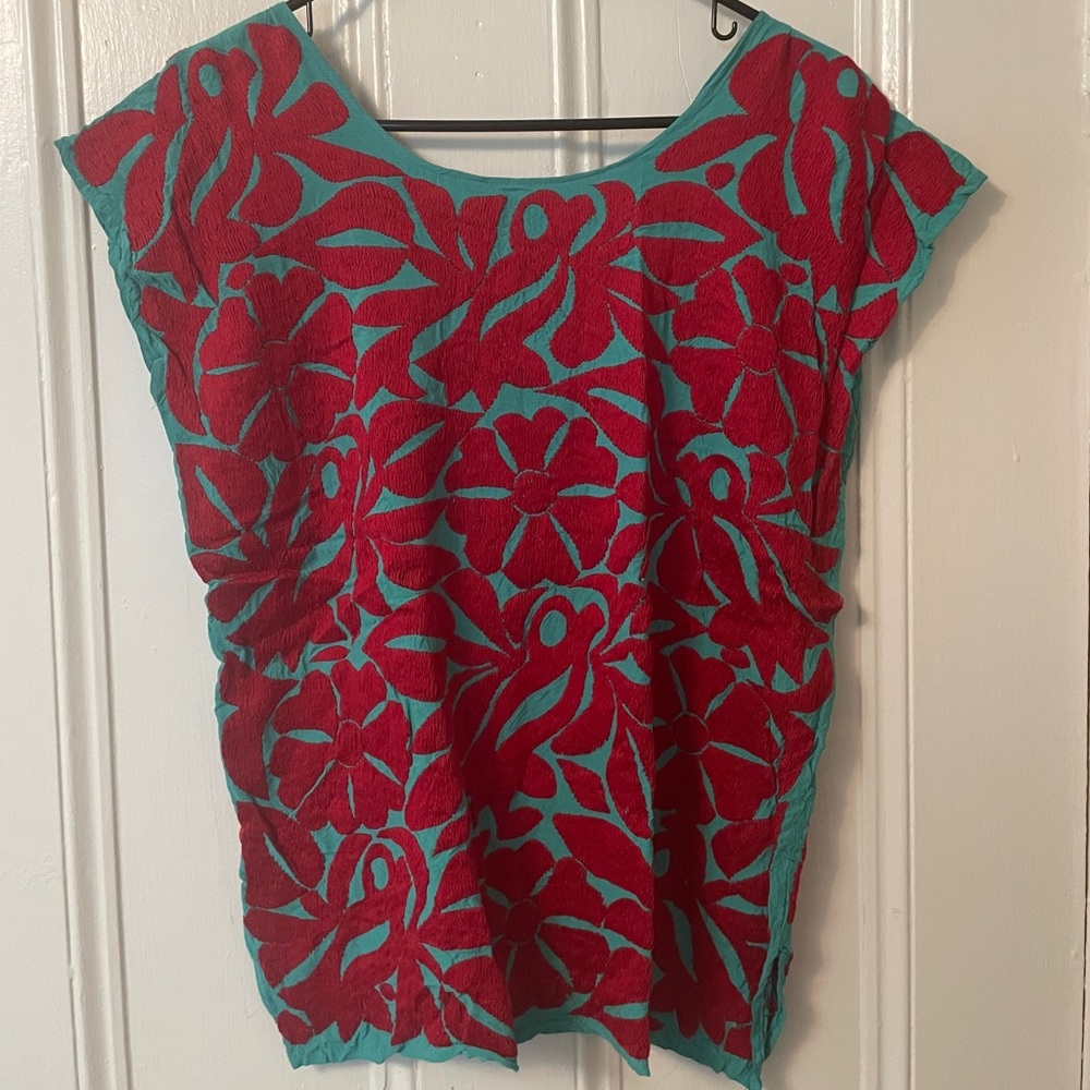Traditional Oaxacan shirt teal and red